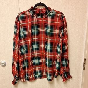 Cato Red and Green Plaid Ruffle Blouse